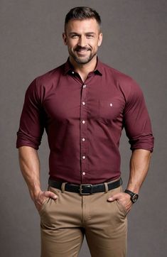 Burgundy Shirt Outfit Men Formal, Brown Skin Men Outfit, Khaki Shirt Outfit For Men, Wine Shirt Outfit Men, Burgundy Vest Outfit, Burgundy Shirt Outfit Men, Bodybuilder Outfit, Formal Jeans