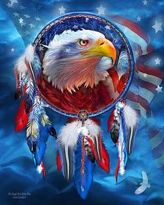 an eagle with feathers on it's head and the american flag in the background