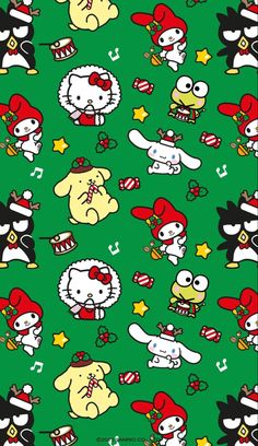 hello kitty and other cartoon characters on green background