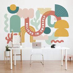 Mural artwork on the wall in bright warm colours and a range of Scandinavian inspired shapes Community Spaces, Company Building, English Room, Interior Wall Paint, Motivational Message, Community Space, The Cotswolds, Gloucester, Interior Walls