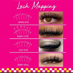 Types Of Individual Lashes, Volume Open Eye Lash Extensions Mapping, Lashes Lengths Chart, 18mm Lash Extensions Map, Doll Eye Lash Maps, Lash Extension Chart, Long Lash Map, Hybrid Cluster Lash Map, Easy Lash Mapping