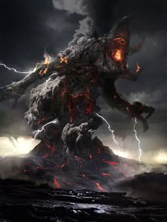 a giant monster standing on top of a mountain covered in fire and lava with lightning coming from its eyes