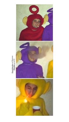 three pictures of people wearing costumes and one has a candle in his mouth