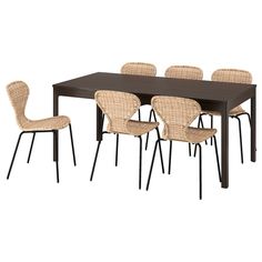 an image of a dining table and chairs with wicker backrests on white background