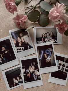 several polaroid photos with pink flowers in the background