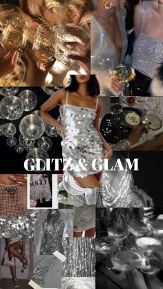 the collage shows several different images of women in dresses and accessories, including champagne glasses