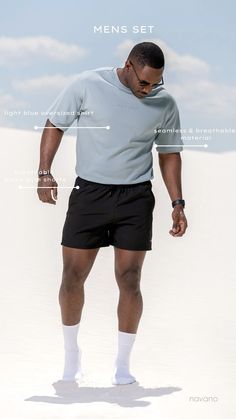 Are you looking for high quality gym outfits for men? Navano men gym outfits are breathable, fashionable, and are made from seamless material. Shop light blue oversized shirt and black gym shorts for your high performance workout at navano! #gym #menswear #fitness