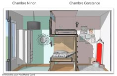 a room with bunk beds and pictures on the wall above it that say chambre nion, chambre constance