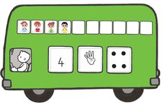 a green double decker bus with numbers and symbols on it