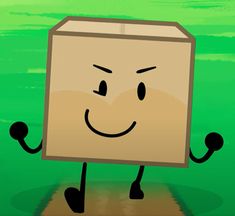 a cartoon box with arms and legs standing in front of a green background