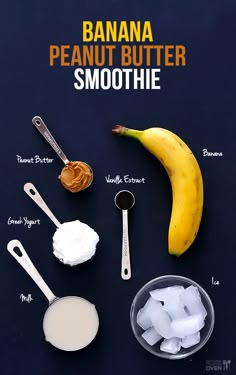 banana, peanut butter and smoothie ingredients laid out on a black surface with text overlay