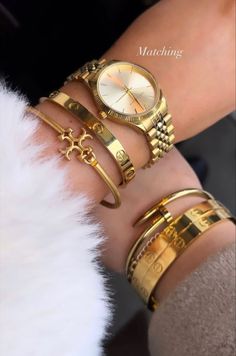 Gold Jewellery Stack, Watch Bracelet Combo, Female Watches, Wrist Stack, Jewelry Stacking, Expensive Jewelry Luxury, Wrist Jewelry, Luxe Jewelry, Dope Jewelry