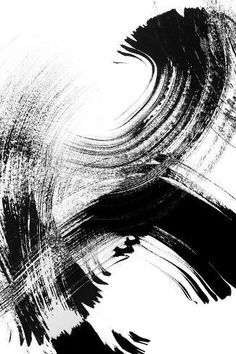 an abstract black and white painting with brush strokes in the shape of a circle on a white background