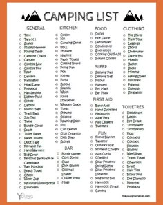 the camping list is shown in orange and white with an orange border around it, which includes