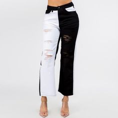 Color Patched Distressed Straight Jeans-Black/White These jeans are super cute and comfy. They feature a color patched design that includes the distressed look with a straight leg fitting style. They also include a button waist closure. You will fall in-love with these jeans just like we have, grab a pair today! SIZE S : WAIST - 27.5 INCH, INSEAM - 29 INCH 100% COTTON Patch Design, Jeans Black, Straight Jeans, A Color, A Button, Capri Pants, Pajama Pants, Black Jeans, Straight Leg