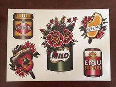 an assortment of stickers on the side of a wall with flowers and fruit in them