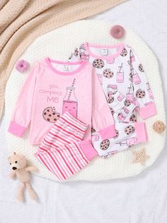 Baby Girl Multiple Pieces Coordinated Set, Including 2 Sets Of Comfortable Long-Sleeved And Pants  With Cute Prints Pink   Long Sleeve Knitted Fabric Cartoon,Letter  Medium Stretch  Baby Girls Clothing, size features are:Bust: ,Length: ,Sleeve Length: Cute Prints, Cartoon Letters, Pink Collar, Pink Collars, Baby Prints, 2 Set, Pink Print, Girls Clothing, Long Sleeve Knit