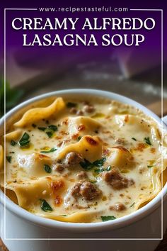 creamy alfredo lasagna soup in a white bowl