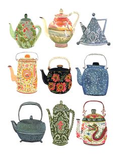 nine tea kettles with different designs on them