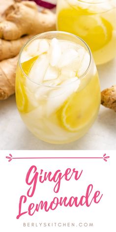 ginger lemonade in a glass with ice and sliced ginger