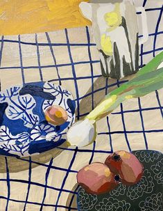 an abstract painting of flowers and fruit on a blue tablecloth with white grids