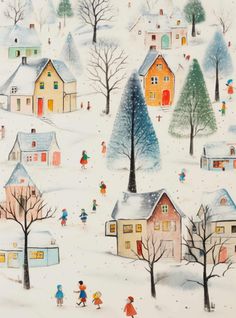 a painting of children playing in the snow with houses and trees behind them on a snowy day