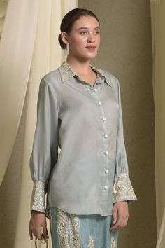 Mint blue shirt featuring gara embroidery on the collar and sleeve cuff. - Aza Fashions Collared Tops With Embroidered Cuffs For Work, Elegant Fitted Shirt With Resham Embroidery, Workwear Blouse With Embroidered Cuffs, Embroidered Cuffs Blouse For Workwear, Embroidered Long Sleeve Formal Tops, Embroidered Long Sleeve Tops For Formal Occasions, Formal Long Sleeve Tops With Embroidered Cuffs, Formal Fitted Tops With Embroidered Cuffs, Traditional Embroidered Tops For Workwear