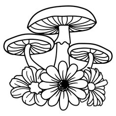 a mushroom and flowers coloring page