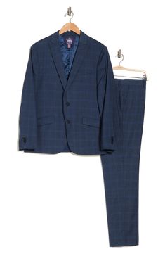 Classic and versatile, this well-dressed plaid suit crafted from supersoft and stretchy fabric features a peaked lapel jacket and flat-front trousers. 28" length, bottoms: 32" inseam; 10" rise (size 40R)
 Jacket has peak lapels; four-button cuffs; chest pocket; flap pockets
 Trousers have zip fly with hook-and-bar closure; slant pockets; back button-welt pockets 84% polyester, 15% rayon, 1% spandex Dry clean Imported Fitted Suits For Business Casual In Fall, Plaid Single Breasted Suits For Business Casual, Fitted Business Casual Sets For Fall, Fitted Sets With Welt Pockets For Business Casual, Plaid Suits With Welt Pockets And Suit Collar, Plaid Notch Lapel Suit For Business Casual, Fitted Flat Front Suit For Fall, Tailored Plaid Suit With Notch Lapel, Plaid Suits With Notch Lapel And Welt Pockets