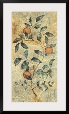 a painting with some leaves and fruit on it's branches, in the style of an orange tree