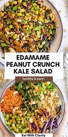 two plates filled with food and the words, edamame peanut crunch kale salad