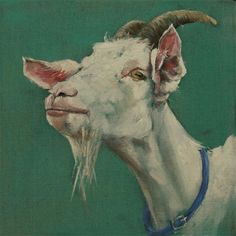 a painting of a goat wearing a blue collar with horns on it's head