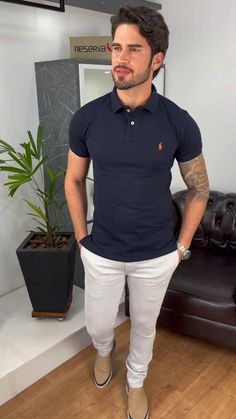 Blue Jeans Outfit Men, Polo Shirt Outfits, Mens Polo T Shirts, Mens Summer Outfits, Black Men Fashion Swag, Smart Casual Men