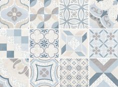 a collection of blue and white tiles with different designs on them, all arranged in squares