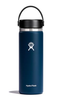 the hydro flask water bottle is red and has a black lid with a white logo on it