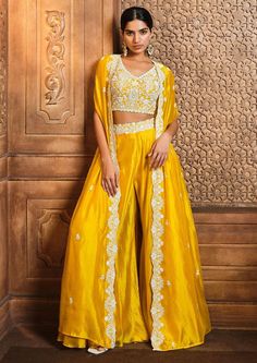 Aneesh Agarwaal, Cape Sharara, Organza Sharara, Yellow Sharara, Haldi Dress, Pearl Fabric, Mehendi Outfit, Cape Set, Mango Yellow