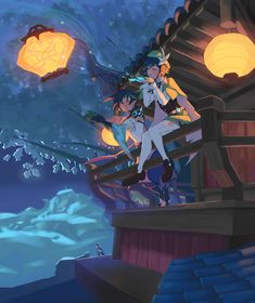 two anime characters standing on top of a wooden structure in front of a sky background