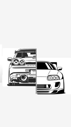 two cars side by side in black and white, one with the hood up on