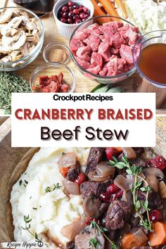 cranberry braised beef stew with carrots, potatoes and mushrooms in bowls