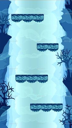 an image of a game screen with blue water and trees on the bottom, as well as