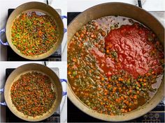 four images show the process of cooking peas and carrots in a saucepan on the stove