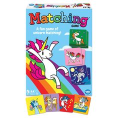 the matching game with unicorns and rainbows on it's front is shown