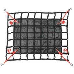 an image of a black and red net with two orange hooks on it's side