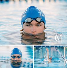 a woman swimming in a pool with goggles on her head and wearing a swimming cap