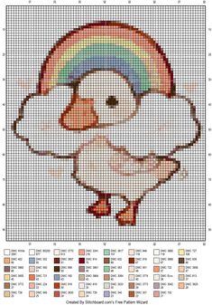 a cross stitch pattern with an image of a duck and rainbows on it's back