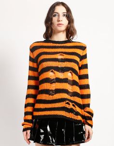 Alt Tops, Goth Harajuku, Loose Knitwear, Ripped Sweater, Sweater Striped, Halloween Long Sleeve, Aesthetic Streetwear, Sweater Tops, Distressed Sweaters