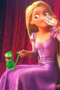 the princess is drinking from a glass next to her frog friend, who looks like she's sitting on a chair