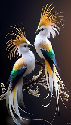 two colorful birds sitting on top of a tree branch with white and yellow flowers in the foreground