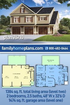 two story house plans with garage and living room in the front, one bedroom on the second