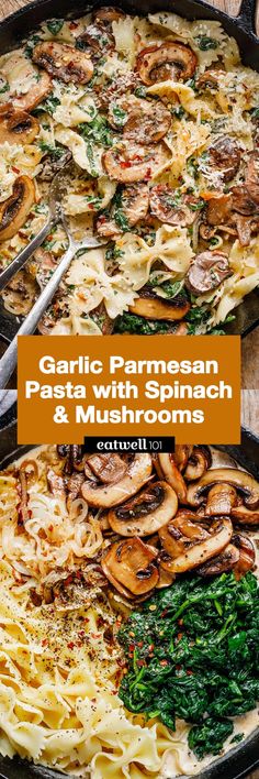 garlic, parmesan and mushroom pasta in a skillet with the title overlay